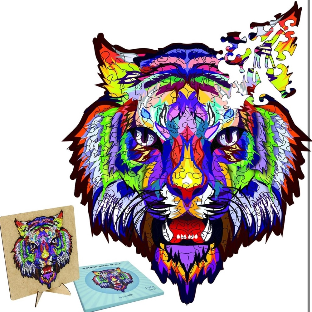 Wooden Jigsaw Puzzles for Adults,128Pcs Tiger Wood Cut Puzzles,Small 6.7X7.5”
